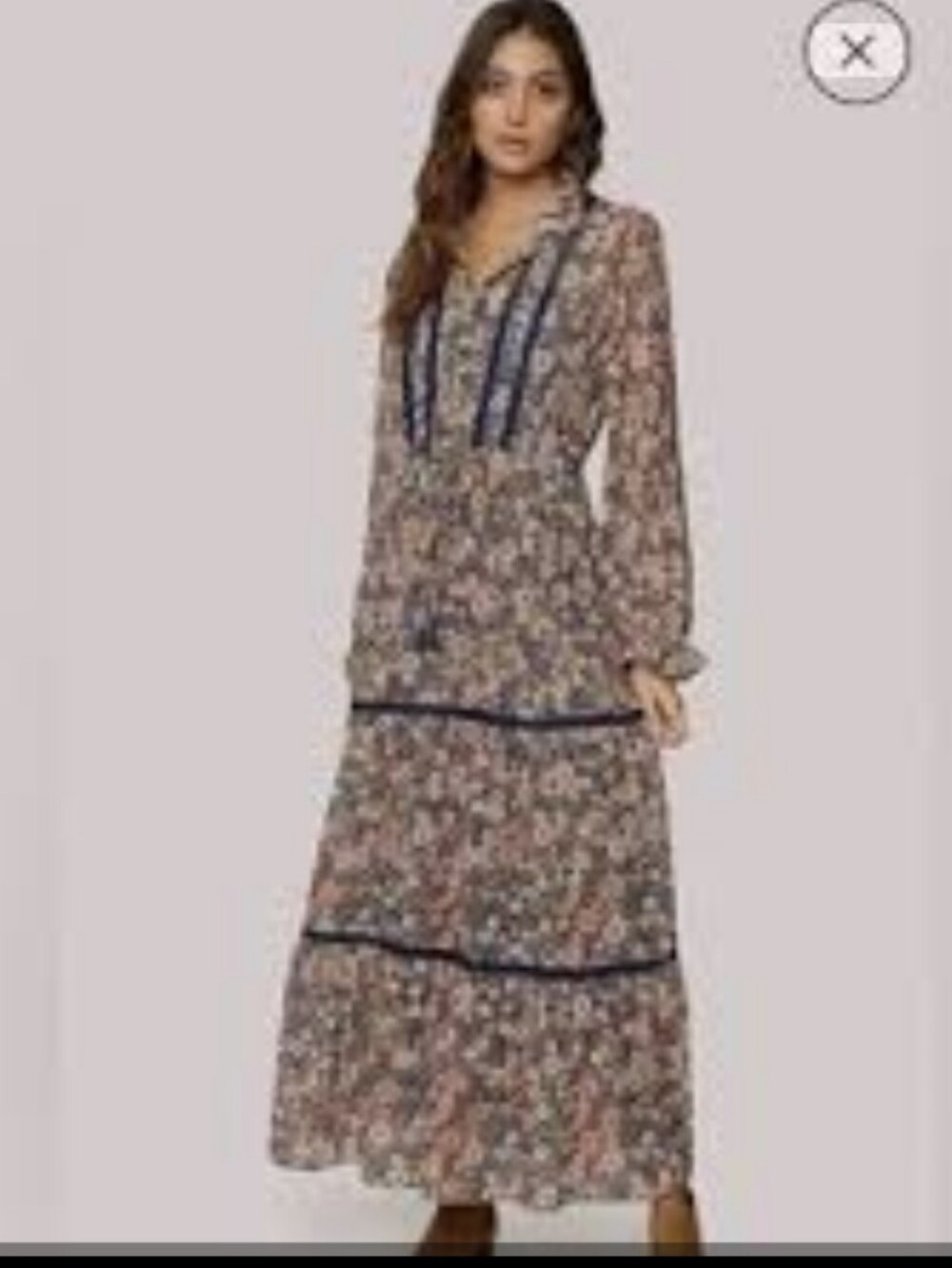 Lost + Wander Floral Tiered Maxi Dress in Navy-Trimmed Blush Mix